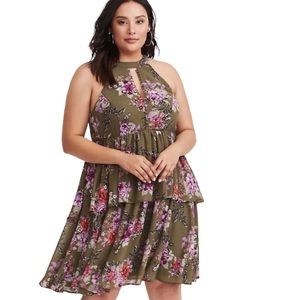 Torrid Olive Floral Chiffon Ruffle High Neck Dress